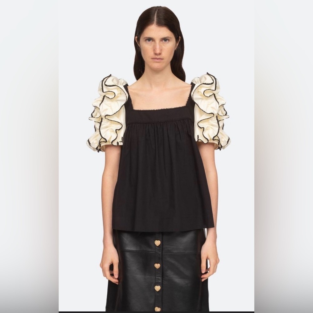 Sunday in Brooklyn Black Top Cream Ruffle Puff Sleeves Square Neck Size XS